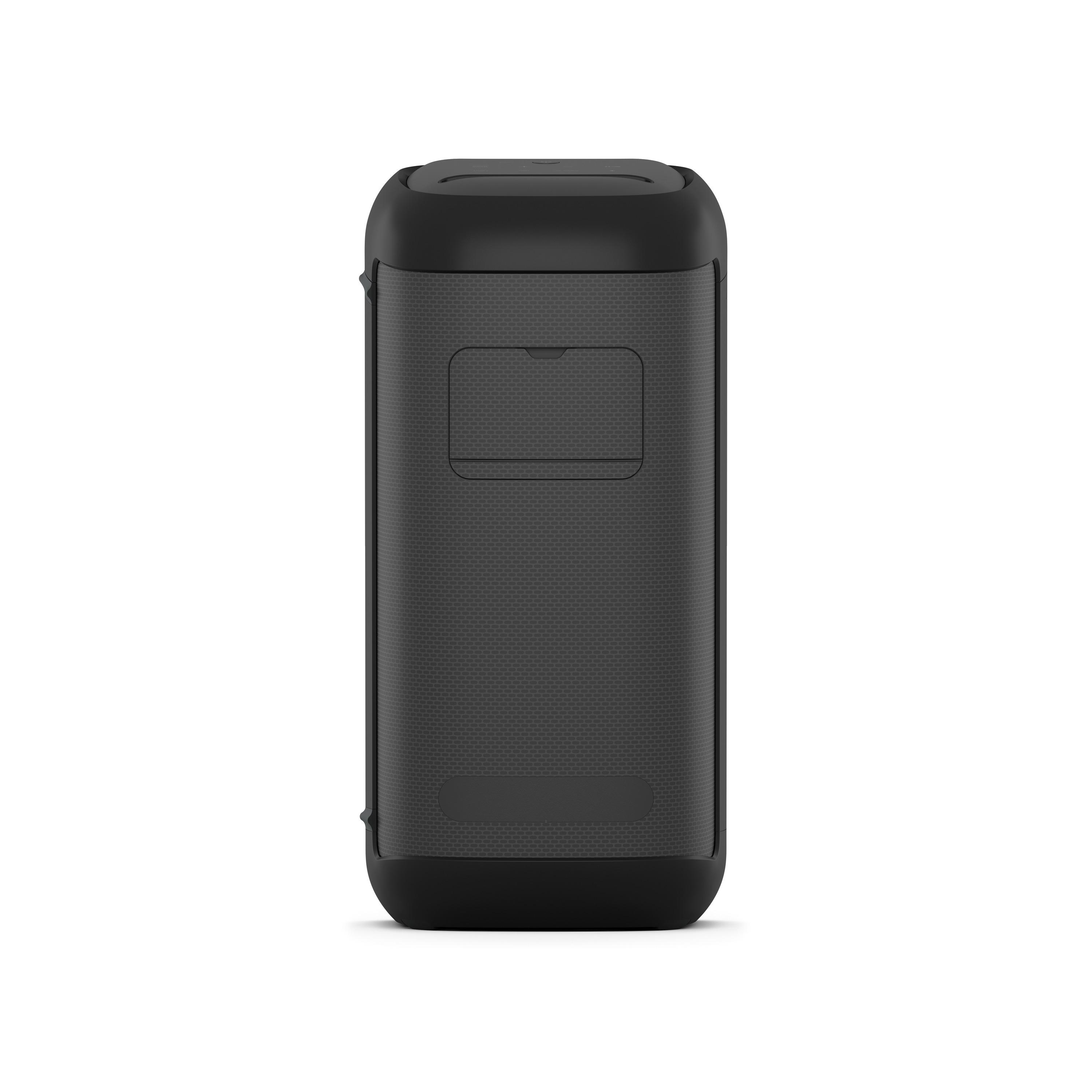 Schwarzer, rechteckiger Lautsprecher. Rückansicht. Hat eine kleine Tür und ein rechteckiges Muster.