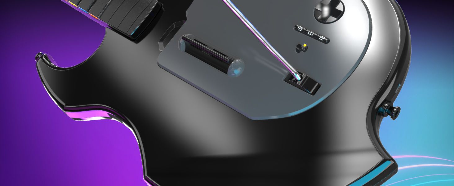 Schwarze und silberne Gitarre mit komplexem Design, lebendiger Hintergrund.