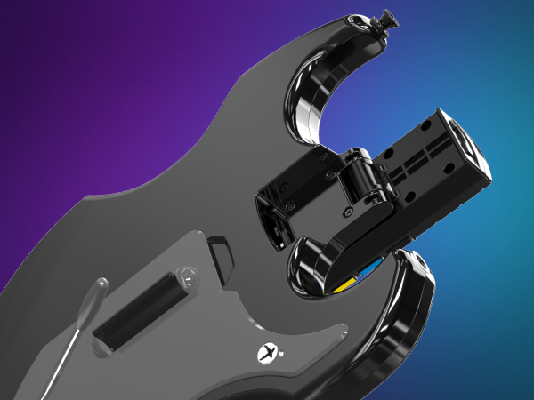 Nahaufnahme eines schwarzen Gitarren-Controllers mit farbenfrohem Hintergrund. Der Controller hat Tasten.