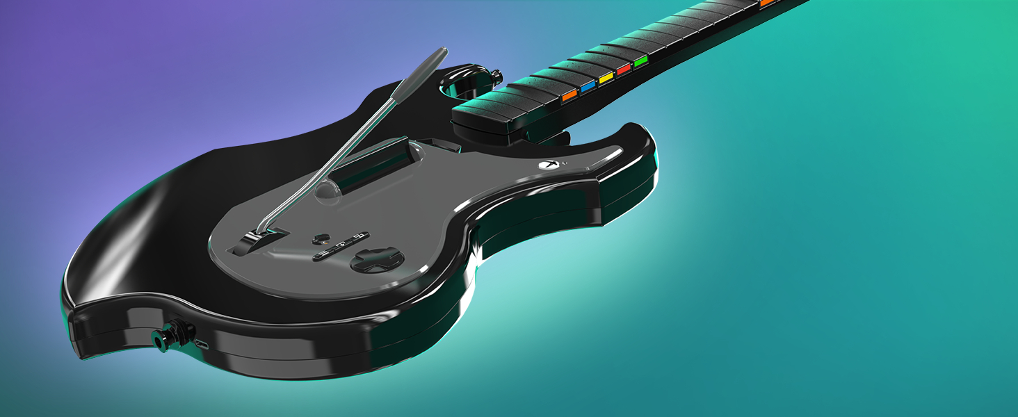 Schwarzer gitarrenförmiger Gamecontroller vor blau-grünem Hintergrund.