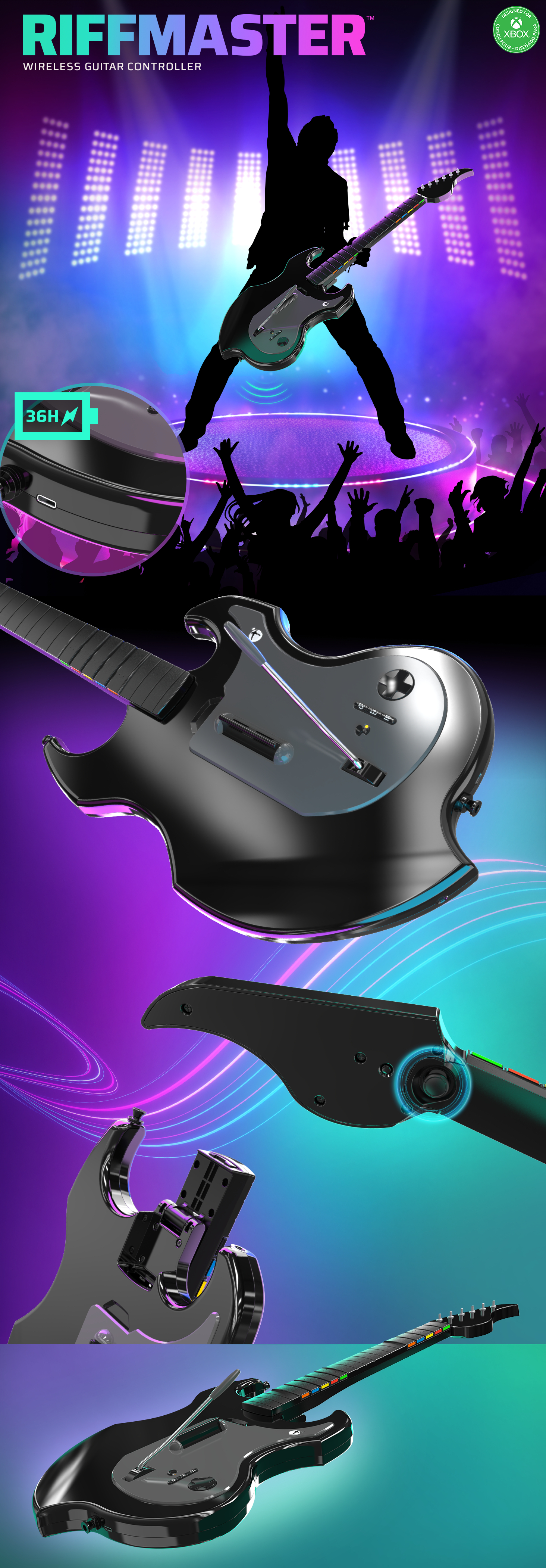 Riffmaster Wireless-Gitarren-Controller. Schwarzes und silbernes Design, Gitarrensilhouette mit Lichtern und Knöpfen.