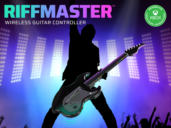Silhouette einer Person, die einen Gitarren-Controller spielt, mit dem Text "RIFFMASTER" und "WIRELESS GUITAR CONTROLLER".