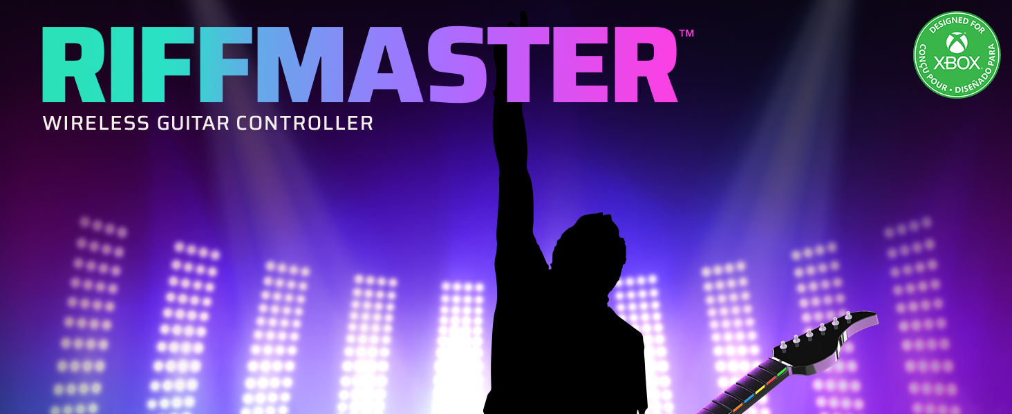 Riffmaster Wireless-Gitarren-Controller-Anzeige. Silhouette einer Person, die Gitarre spielt.