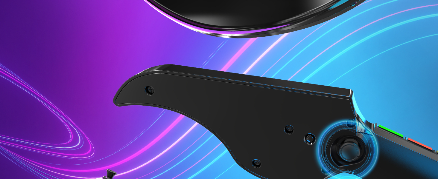 Nahaufnahme eines schwarzen Gitarren-Controllers mit Neonlichtern. Wellenförmige blaue und violette Lichtspuren im Hintergrund.