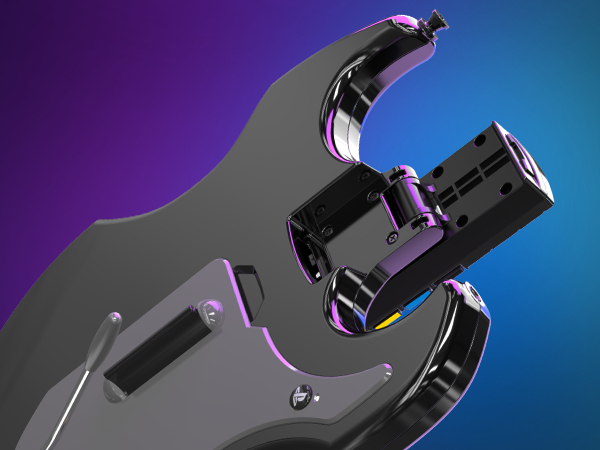 Ein glänzender, gitarrenförmiger Spielcontroller auf einem farbenfrohen blau-violetten Hintergrund.