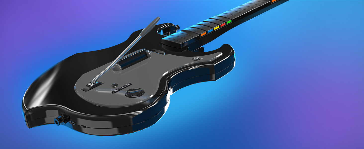 Ein schwarzer gitarrenförmiger Gaming-Controller mit farbigen Knöpfen und einem silbernen Touch-Balken.