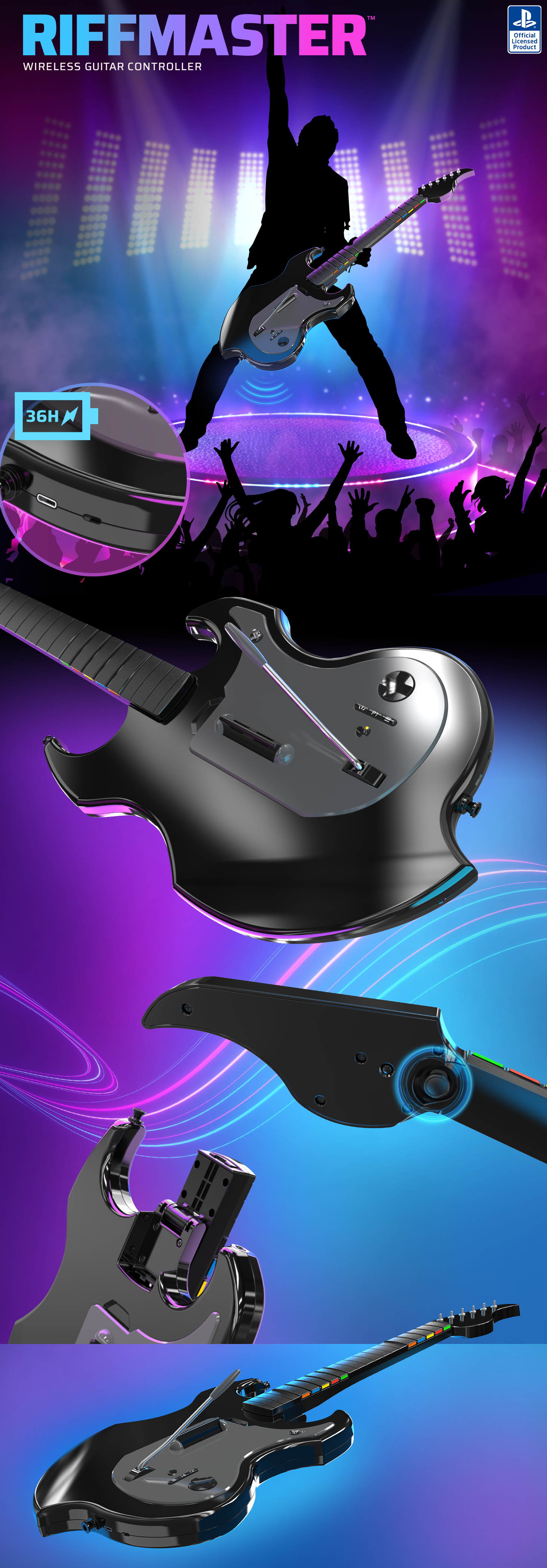 Riffmaster kabelloser Gitarren-Controller. Schwarze Gitarre, Silhouette eines Gitarristen.