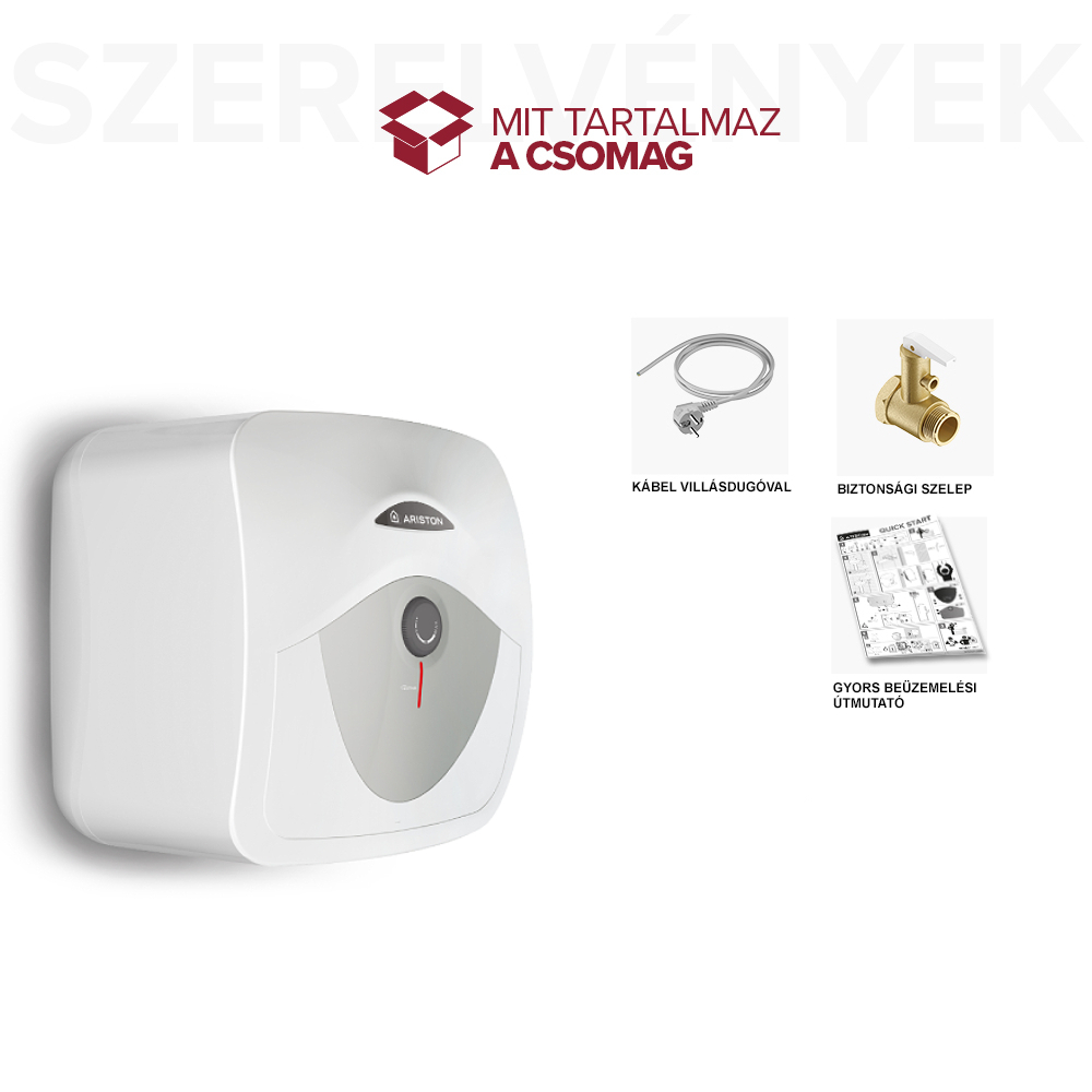Fehér vízmelegítő a mellékelt alkatrészekkel: kábel, biztonsági szelep és útmutató.