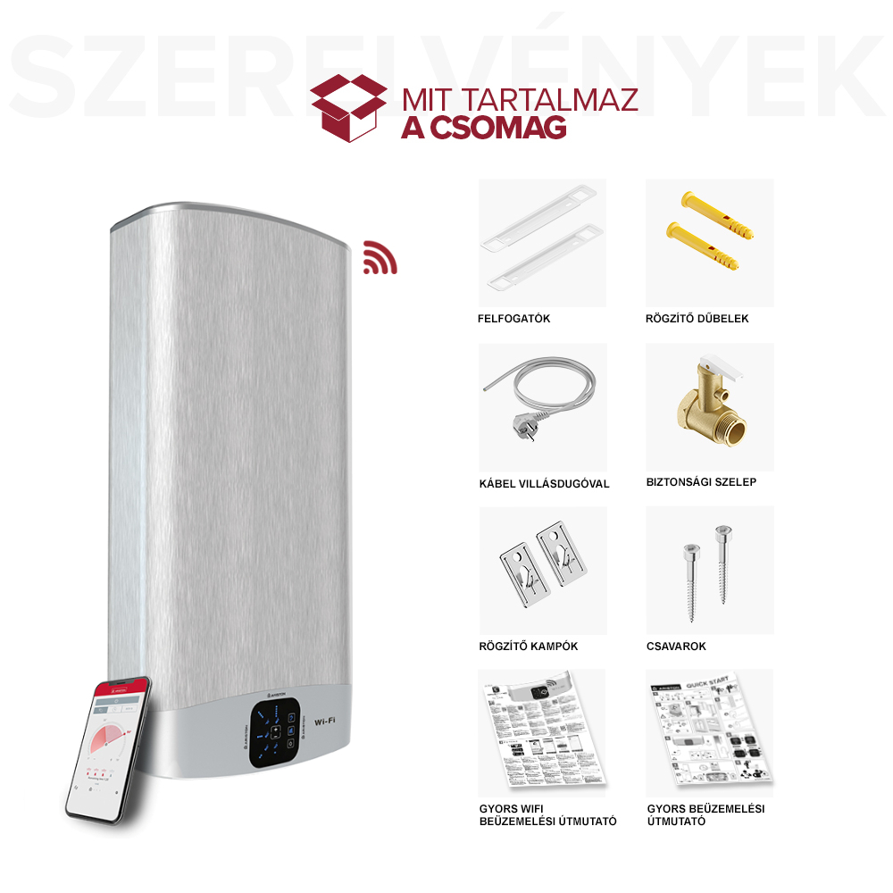 ARISTON VLS WIFI 50 EU O Lapos elektromos vízmelegítő, 50 l, beépített wifi, ECO EVO funkció, duplatartály