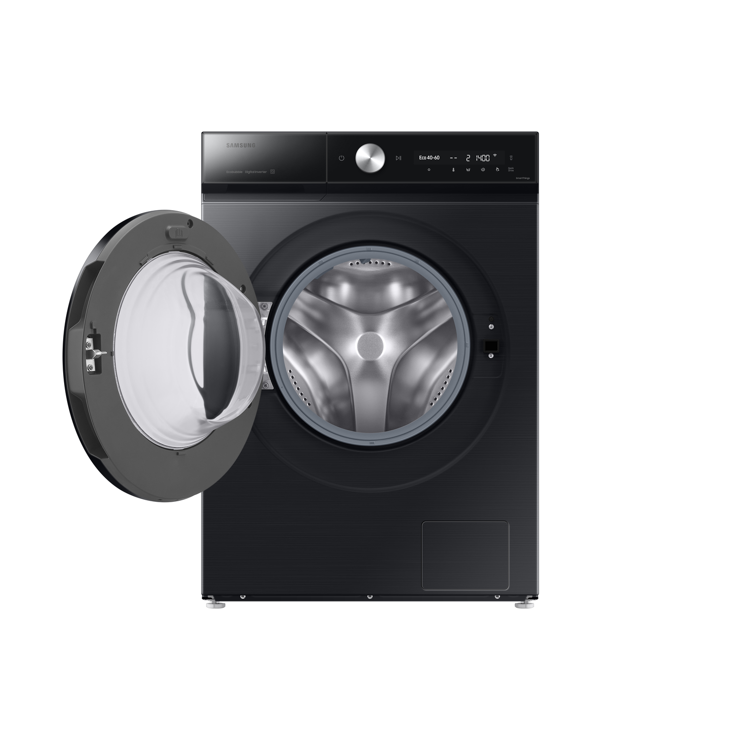 Een zwarte wasmachine met een open deur. De binnentrommel is zichtbaar. De merknaam staat bovenaan.