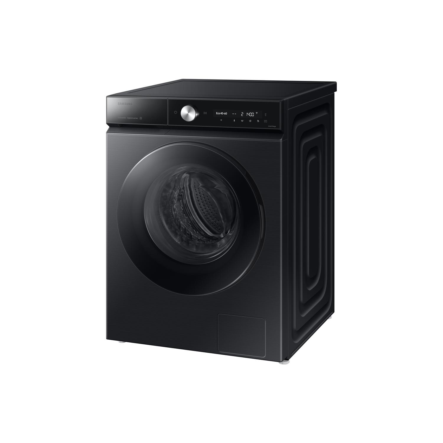 Zwarte Samsung wasmachine. Voorlader, bedieningspaneel bovenop en digitaal display.