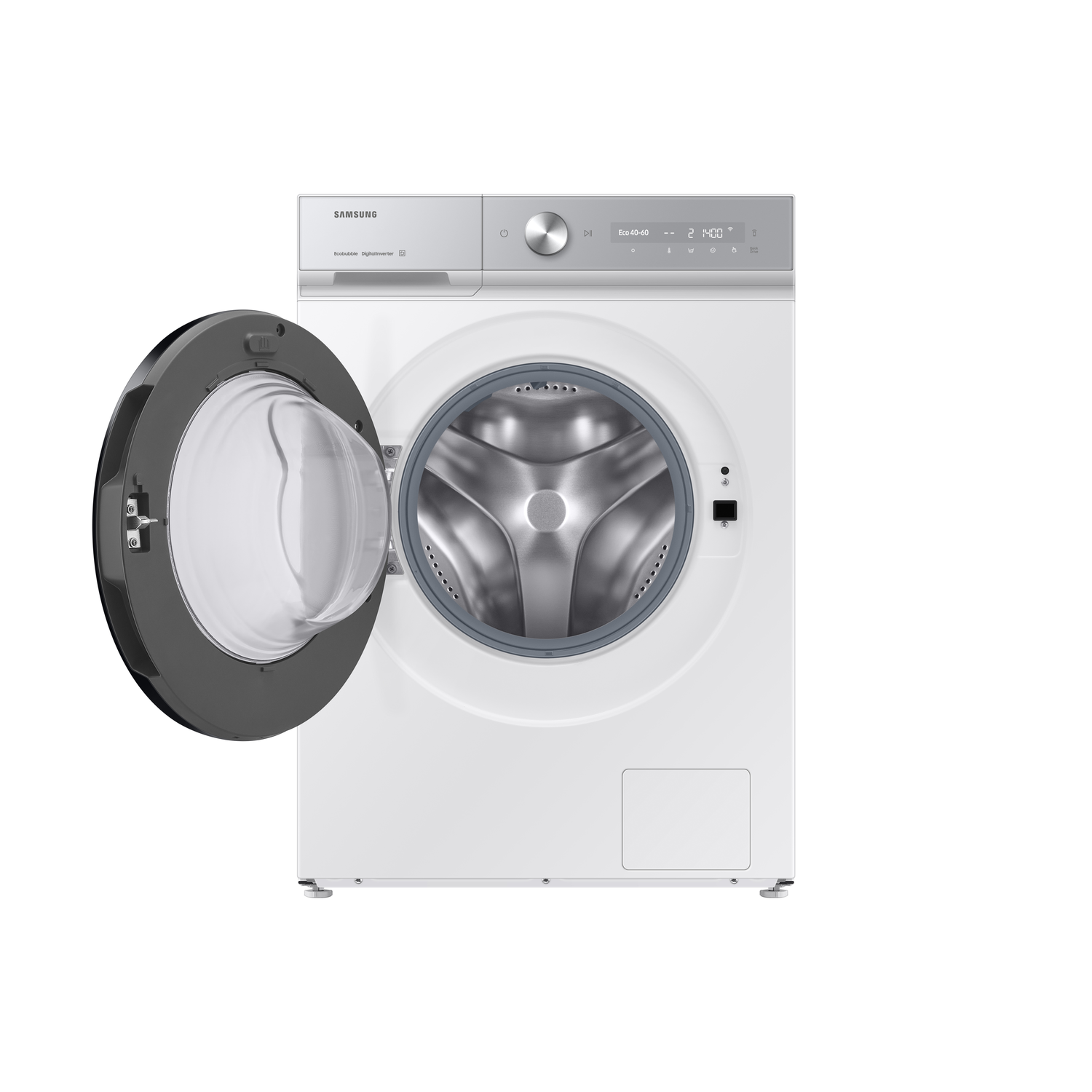 A white washing machine with the door open, showing the drum. The machine is clean.