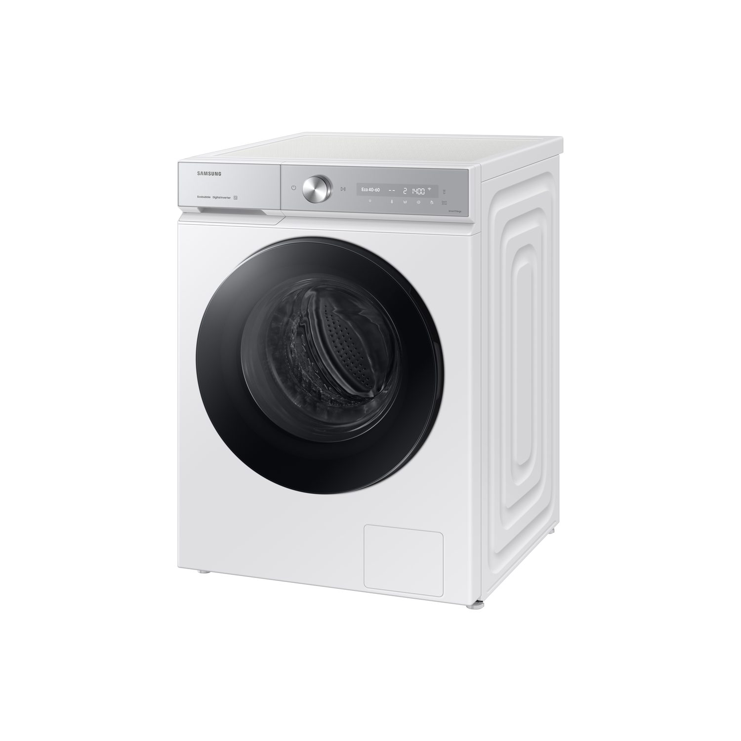 White washing machine with a black door and digital display, isolated on white.