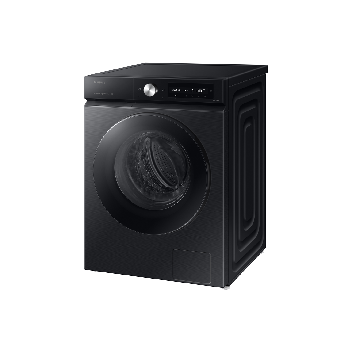 A black washing machine with a display and a door. The machine is on white background.