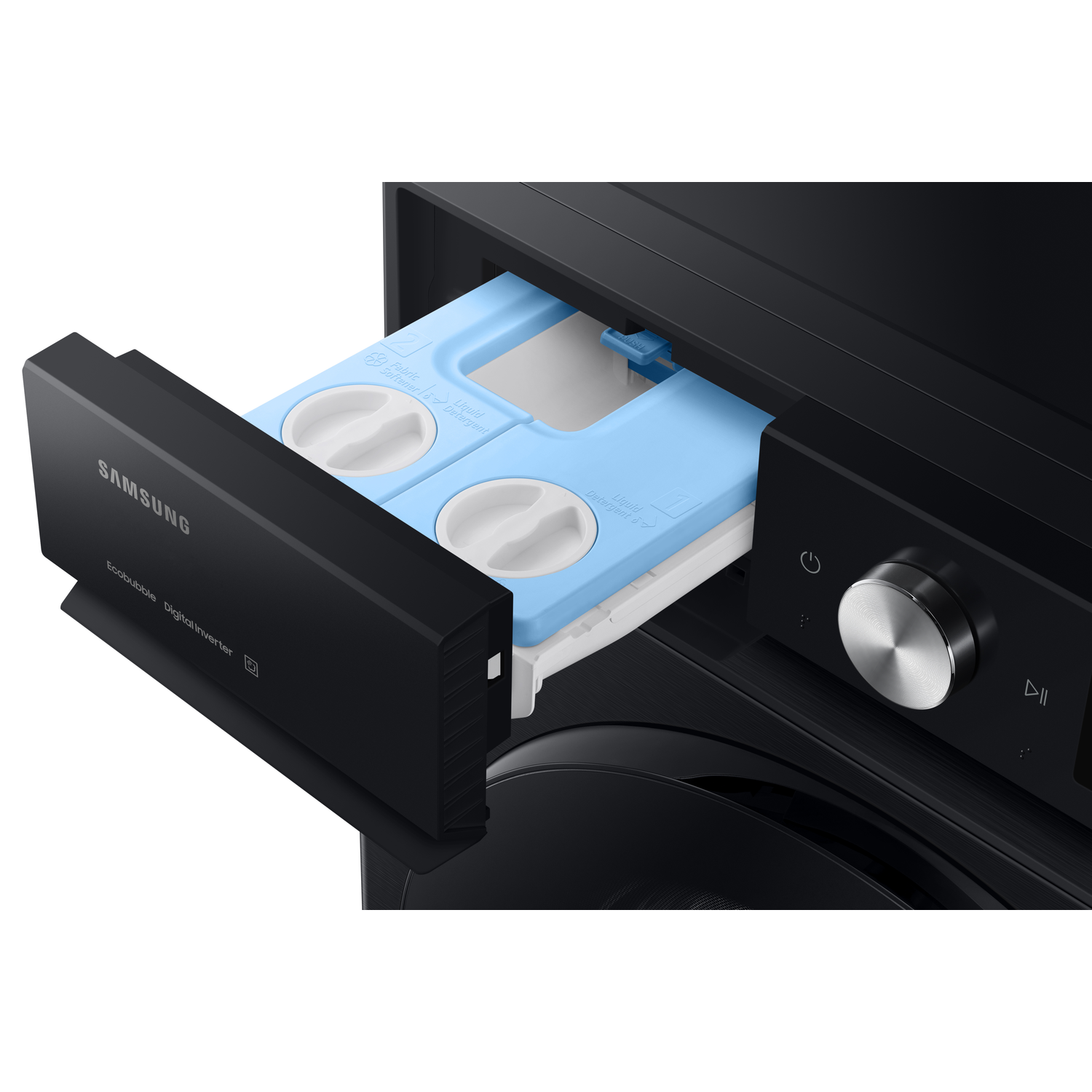 Black Samsung washing machine drawer, pulled out. Blue dispenser with white compartments inside.
