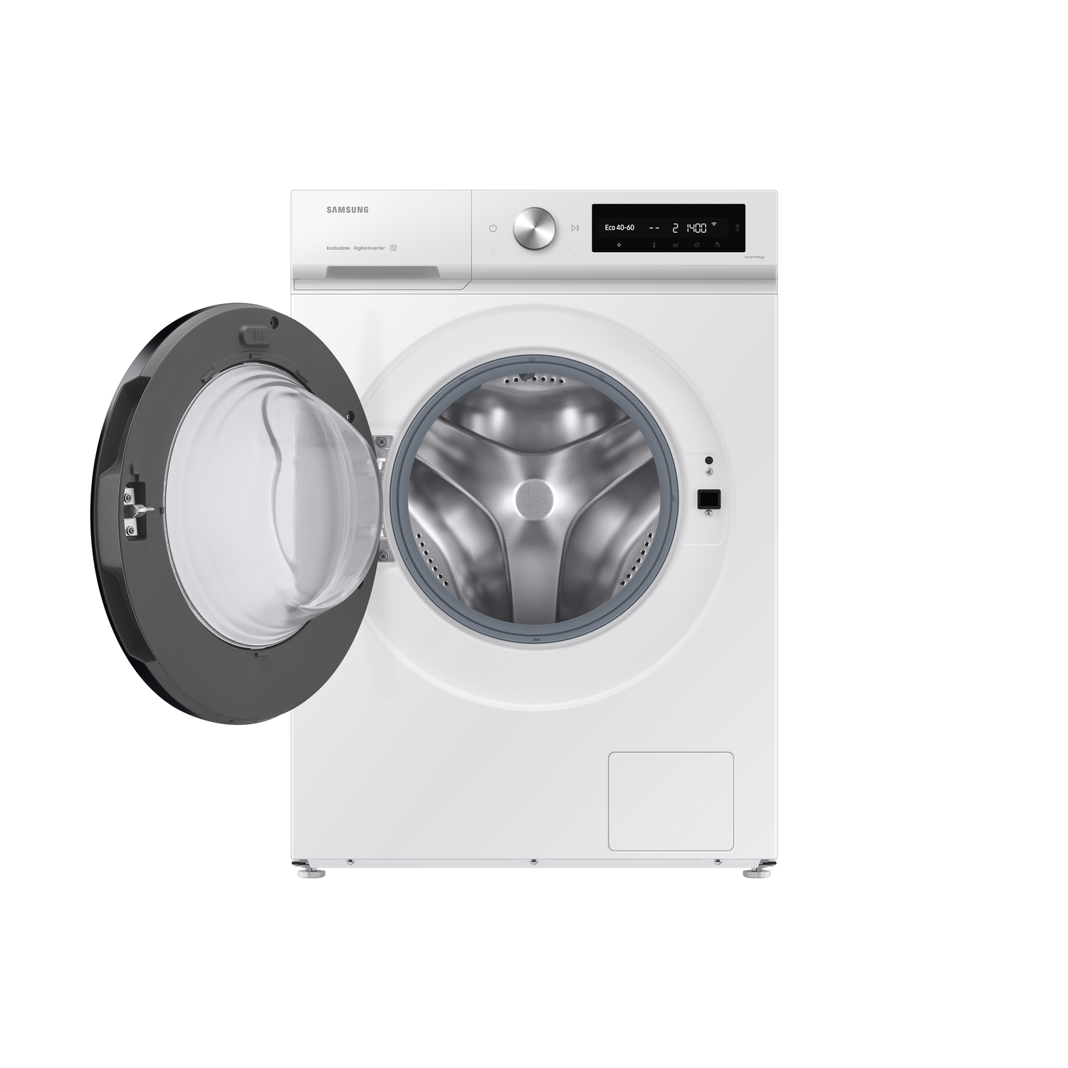 White washing machine with open door, gray rim and digital display.