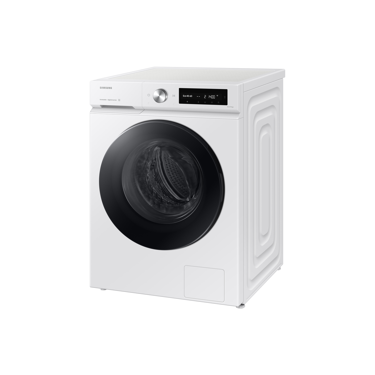 White Samsung washing machine. Front-load design, digital display, and a black door.