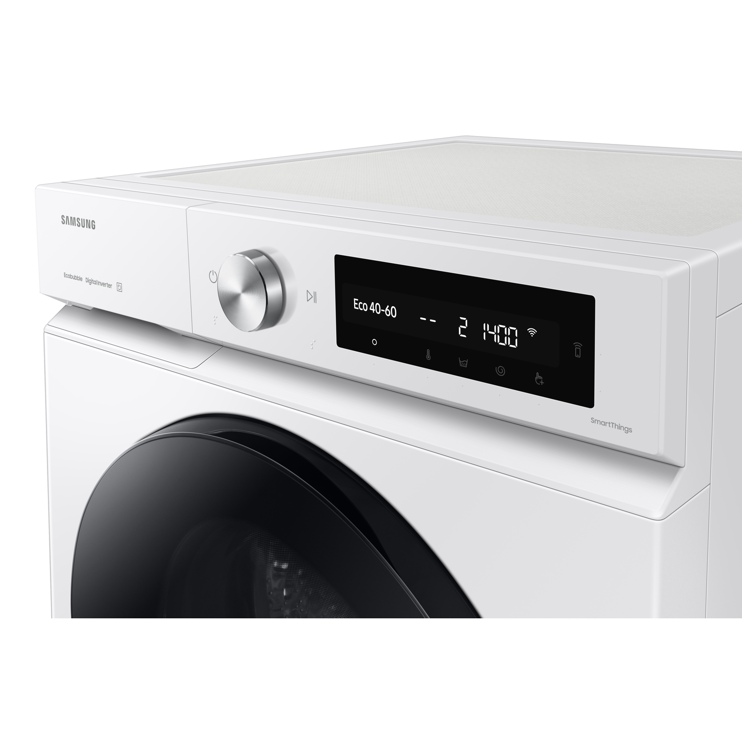 Close-up of white washing machine. Digital display shows time and symbols.