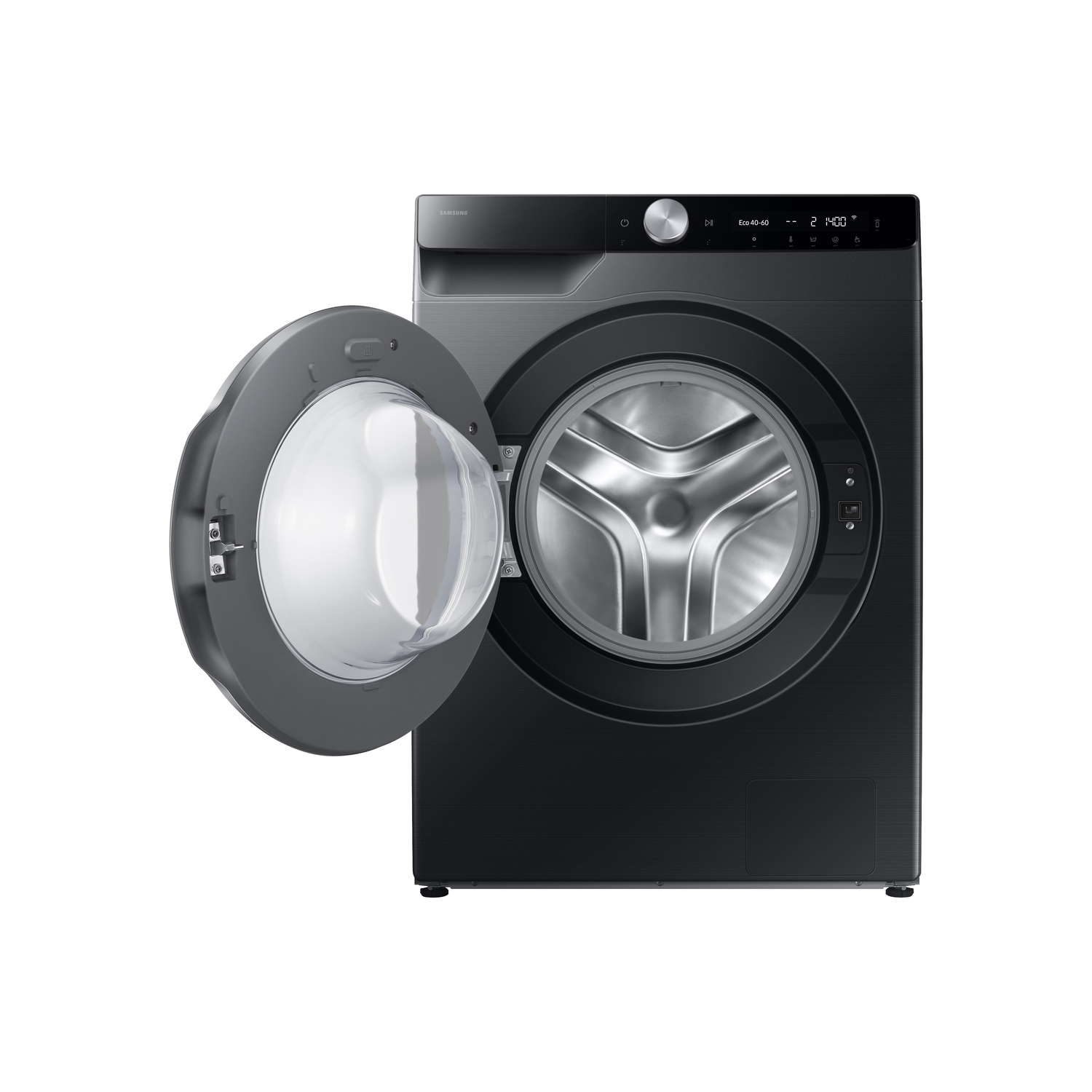 A black washing machine with the door open, showing the interior and control panel.