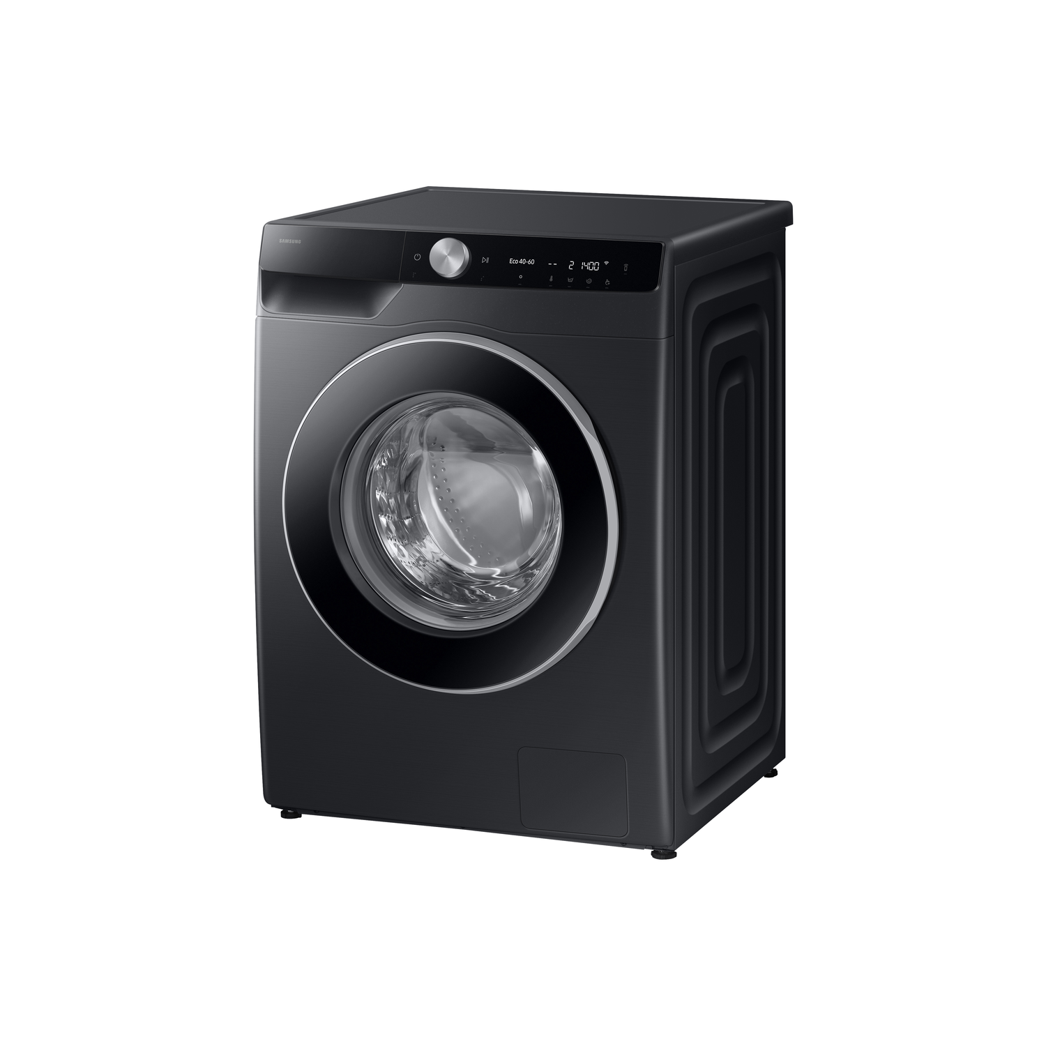 A black washing machine. Features a circular door, control panel, and a sleek modern design.