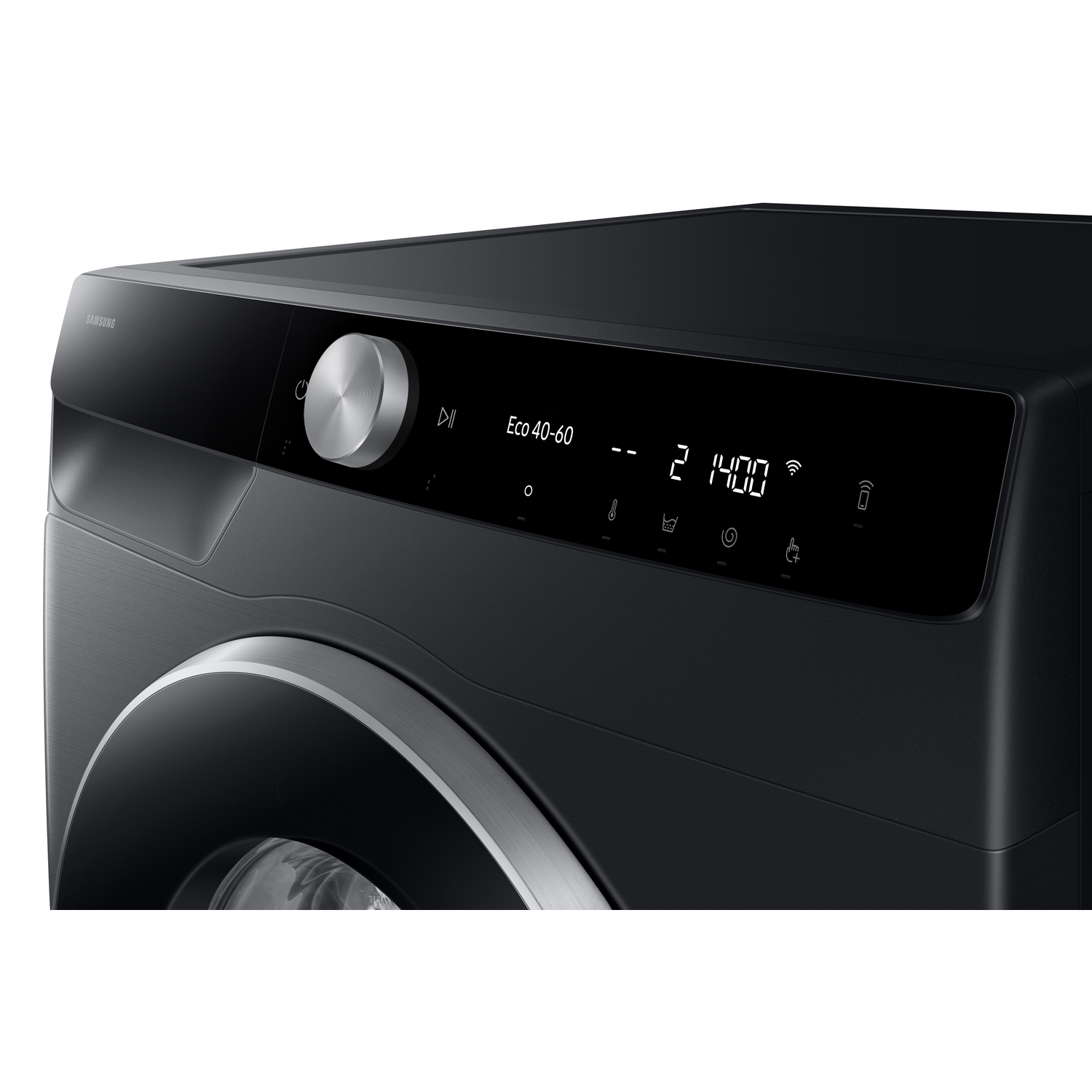 Washing machine control panel, black, silver dial, digital display.