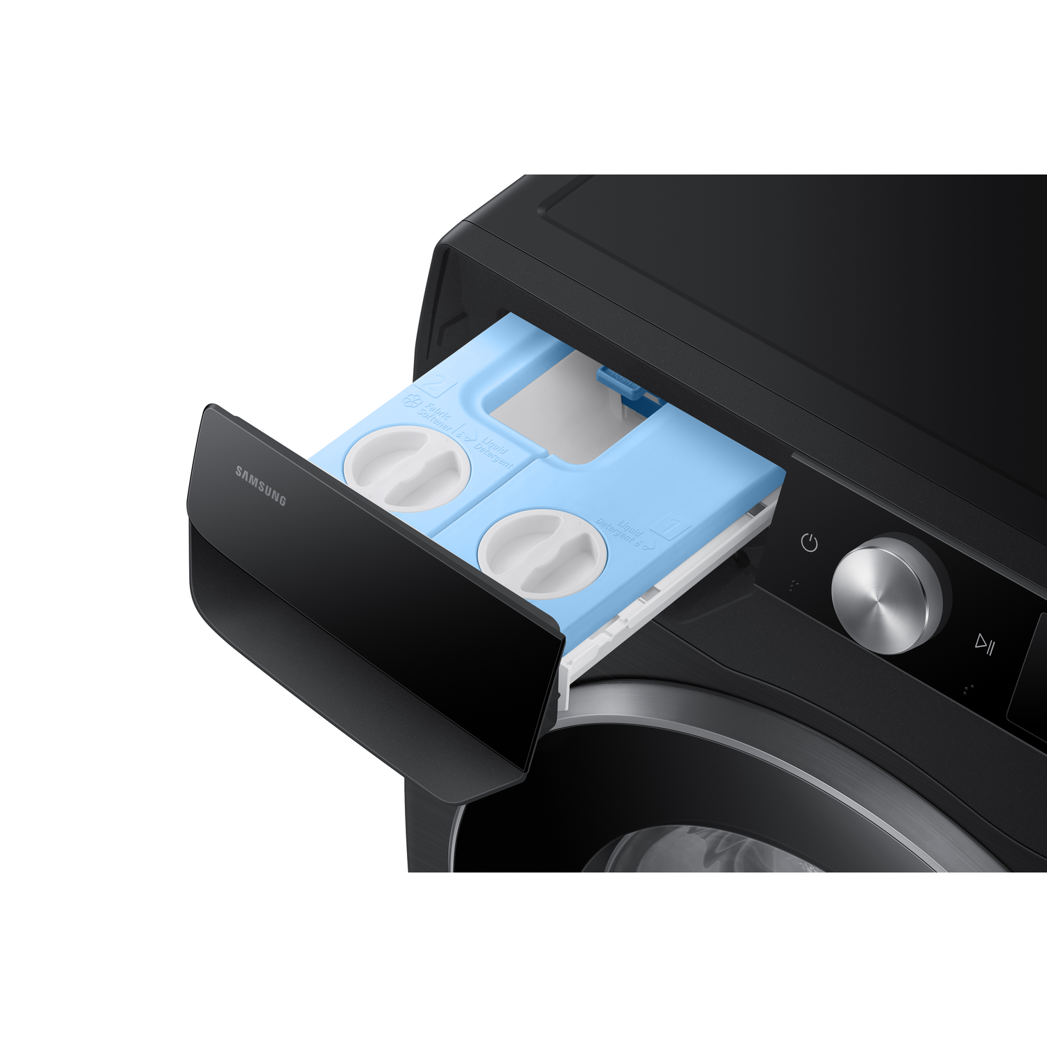 Black washing machine with open detergent drawer, blue and white compartments.