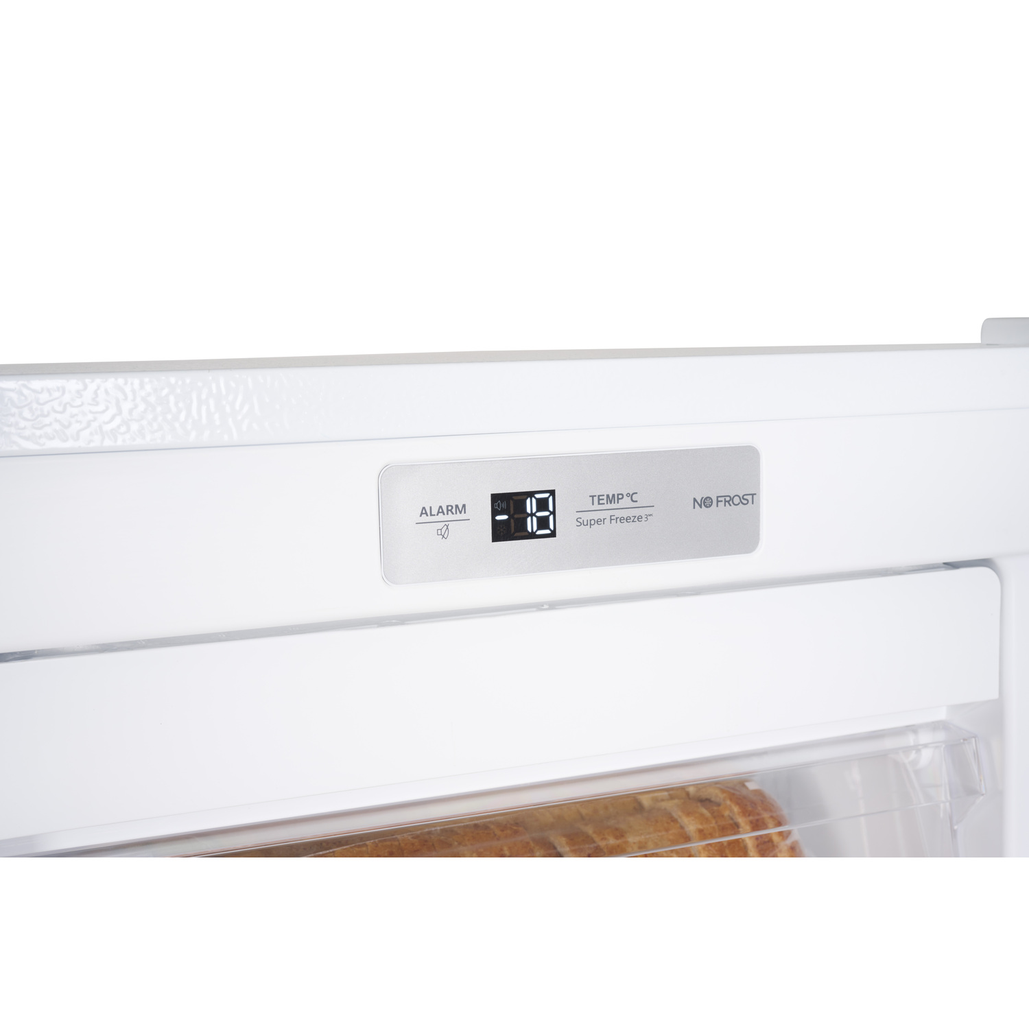 Close-up of white freezer door with digital display showing temperature and alarm.