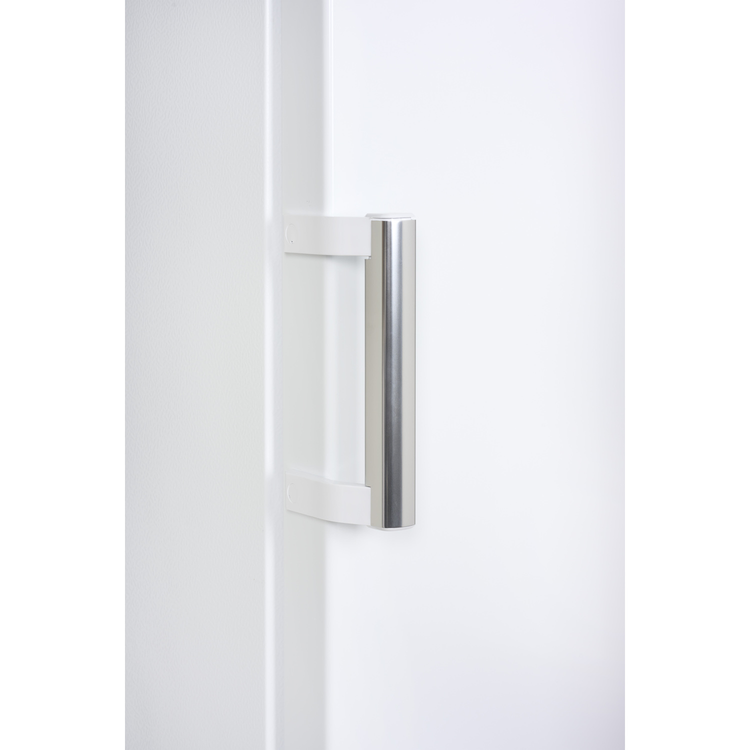 A close-up view of a white door with a silver handle.