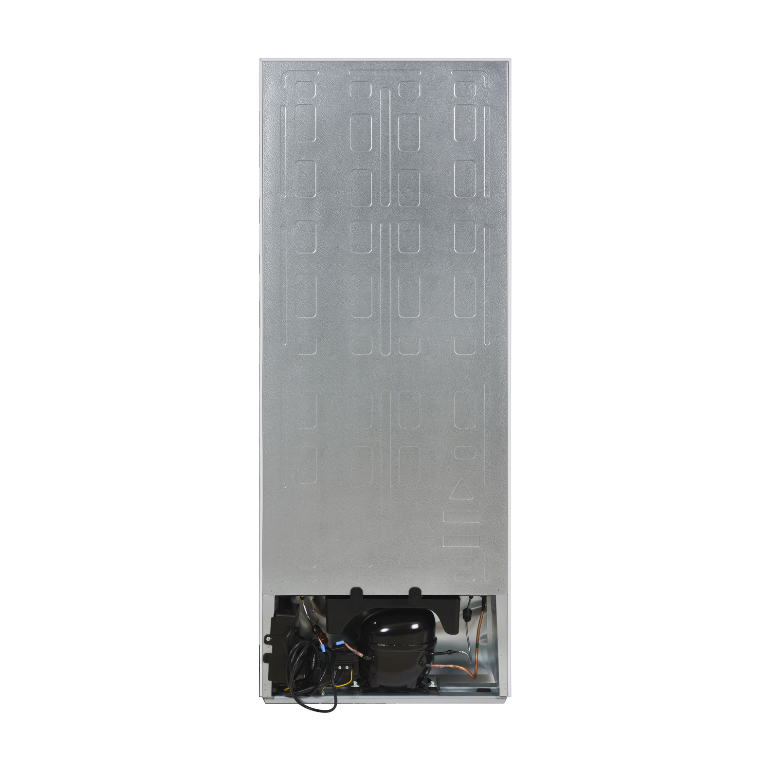 The back of a refrigerator, with a silver panel and black components.