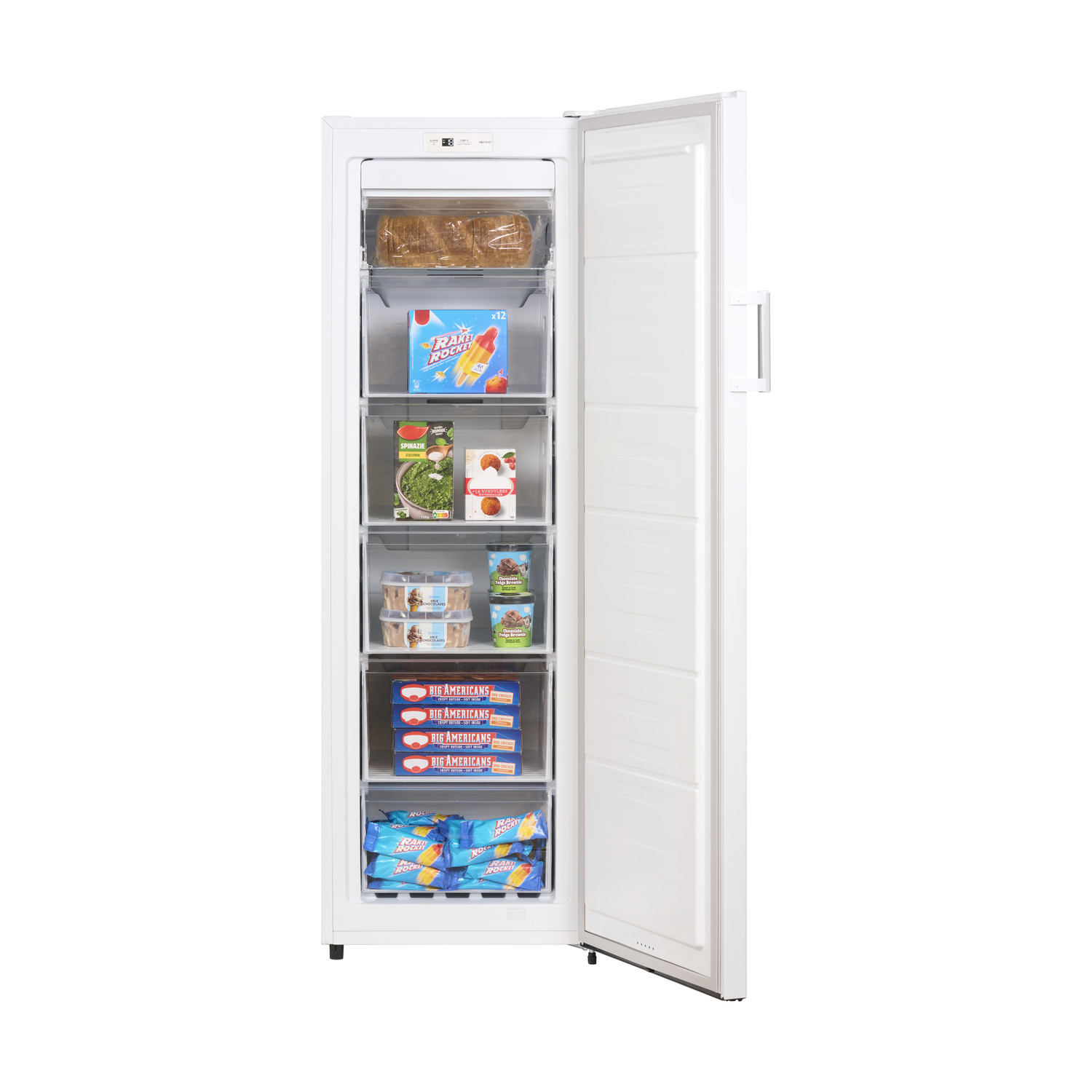 An open freezer with drawers full of frozen food. Pizza, vegetables, and ice cream.