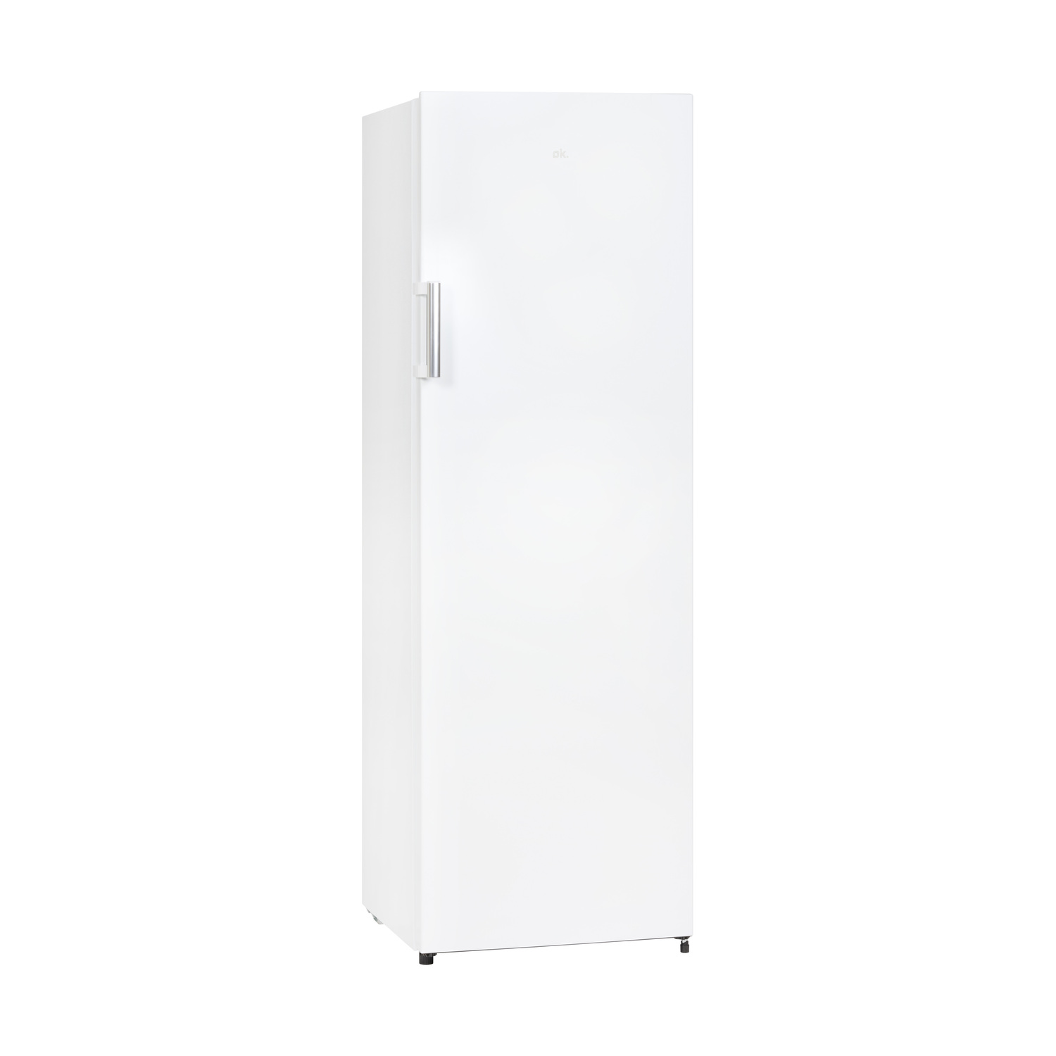 White refrigerator against a white background. It has a silver handle.