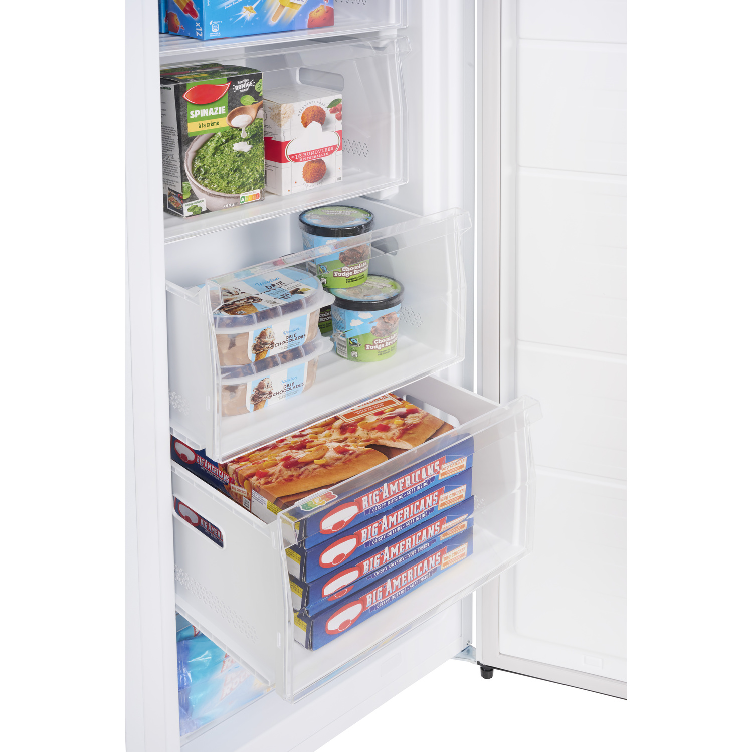 Freezer compartments with food inside: pizza, ice cream, and frozen vegetables.