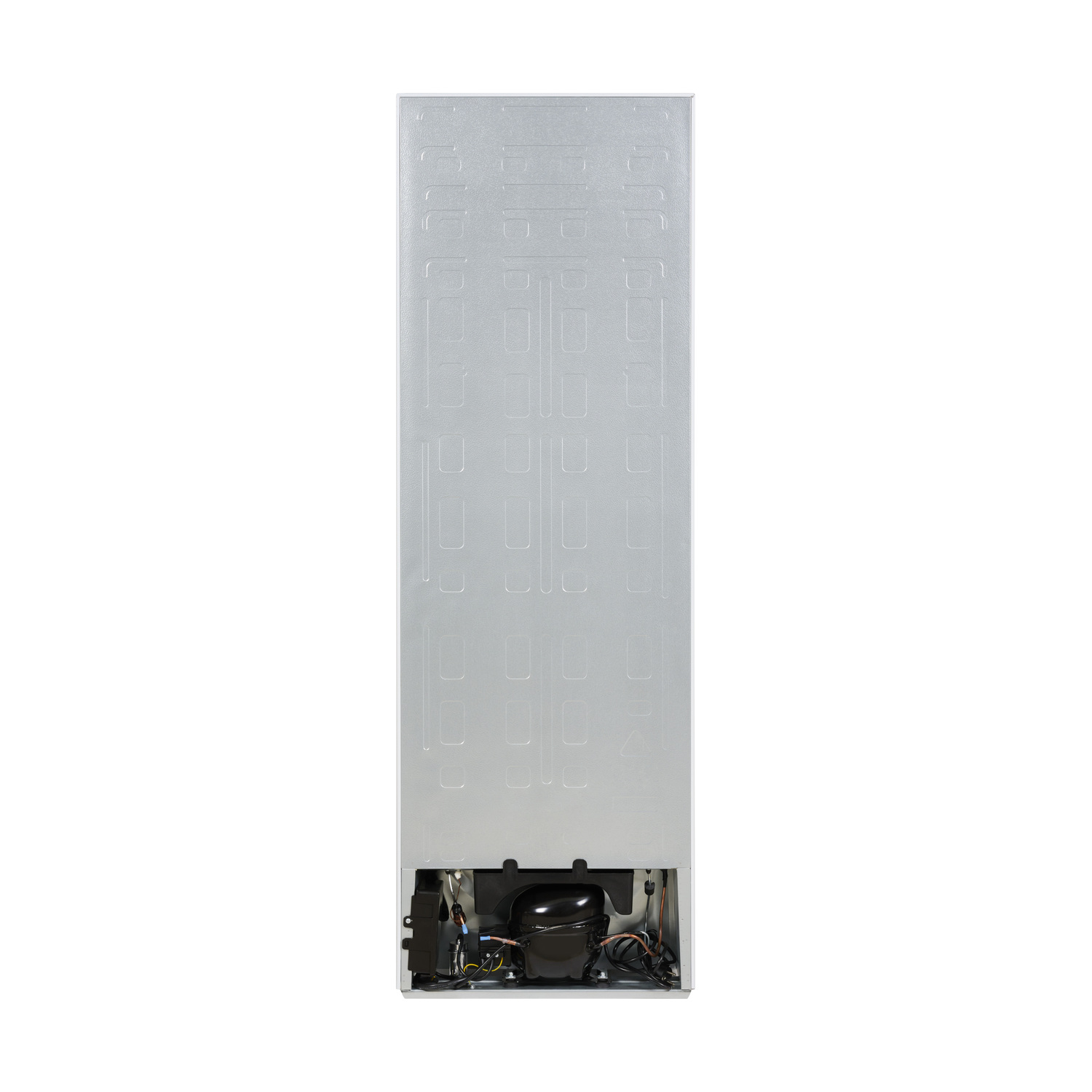 The back of a refrigerator. It has a metallic back panel with some components at the bottom.