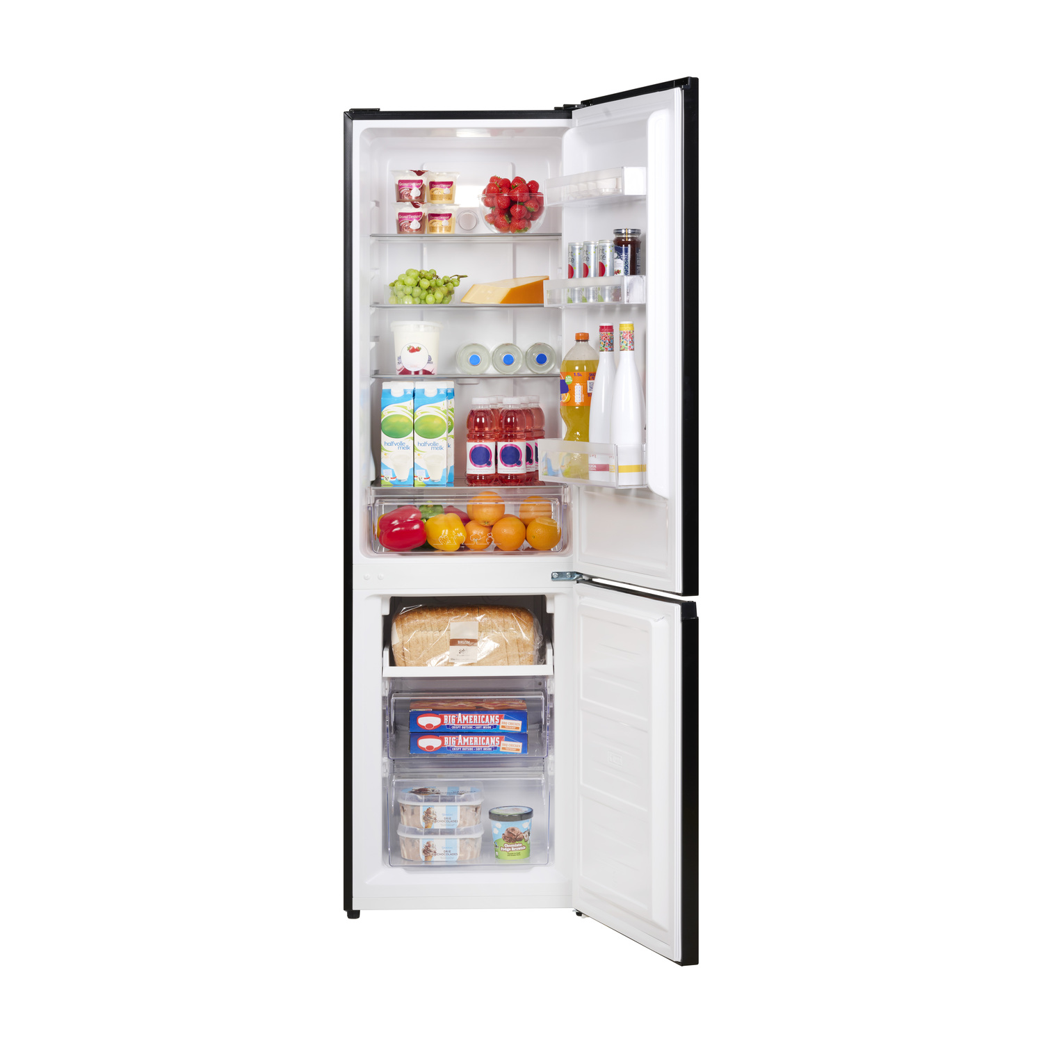 Open refrigerator with shelves of food. Fruits, vegetables, and packaged goods are visible.