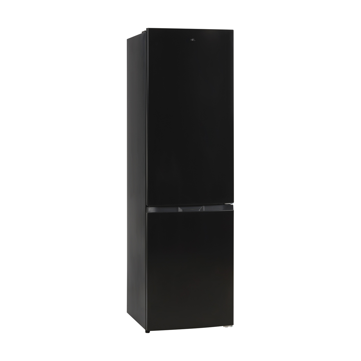 A black, two-door refrigerator. It is tall and has a freezer at the bottom.