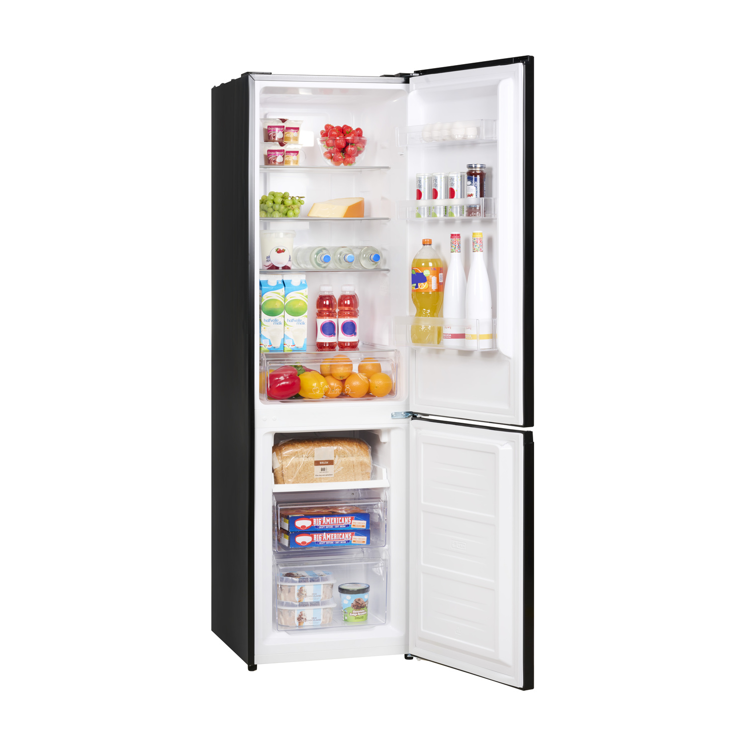 Open black refrigerator filled with food: fruits, vegetables, drinks, and dairy.