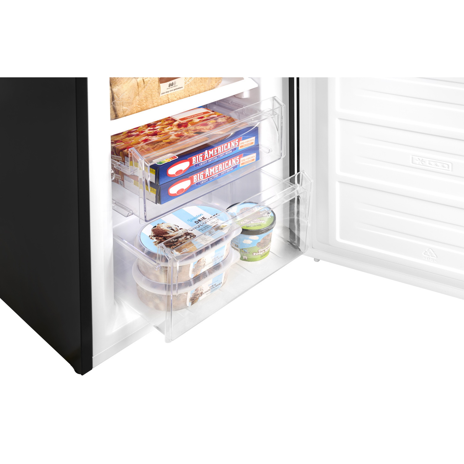 Inside a freezer with frozen food. There are ice cream tubs and frozen pizza boxes.