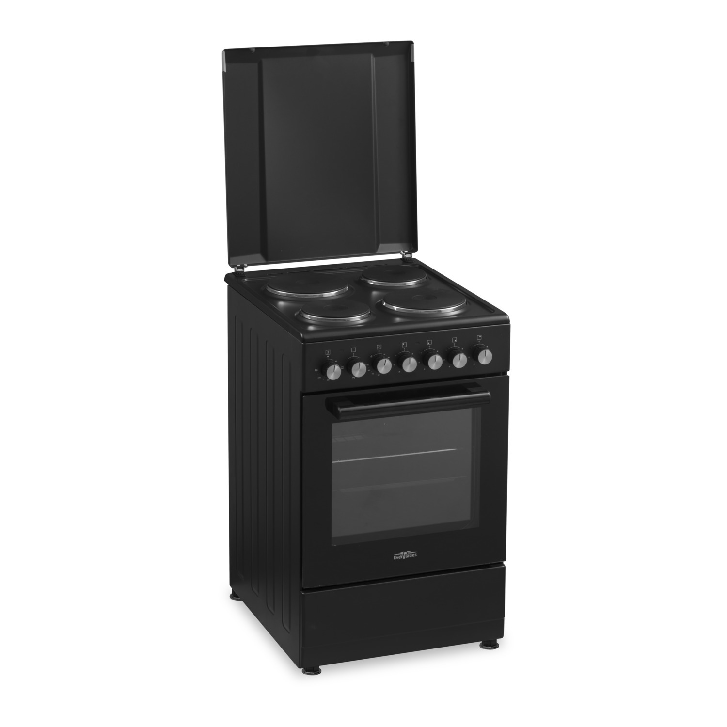 A black freestanding electric cooker with four hobs and an oven, with the door open.