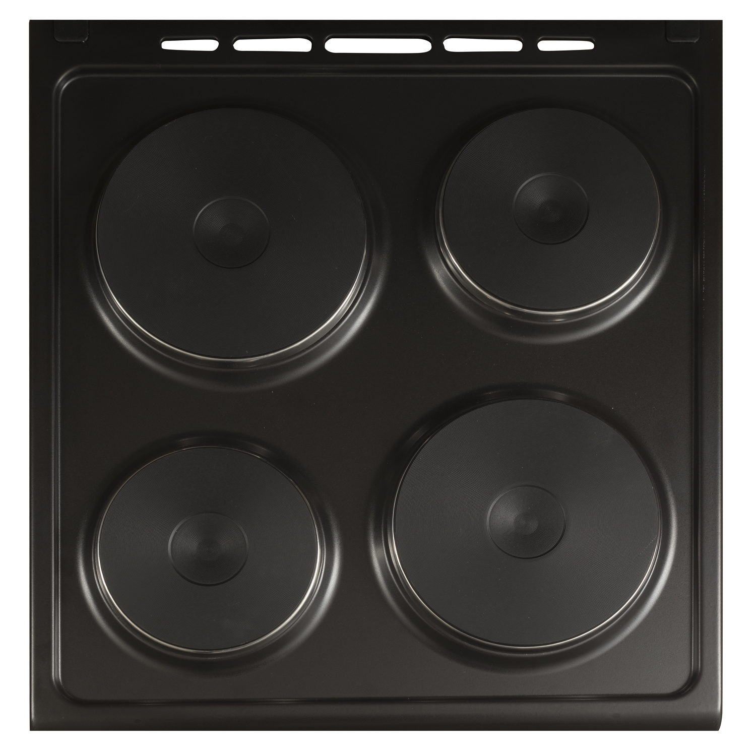 Black cooktop with four circular cooking zones, viewed from above.