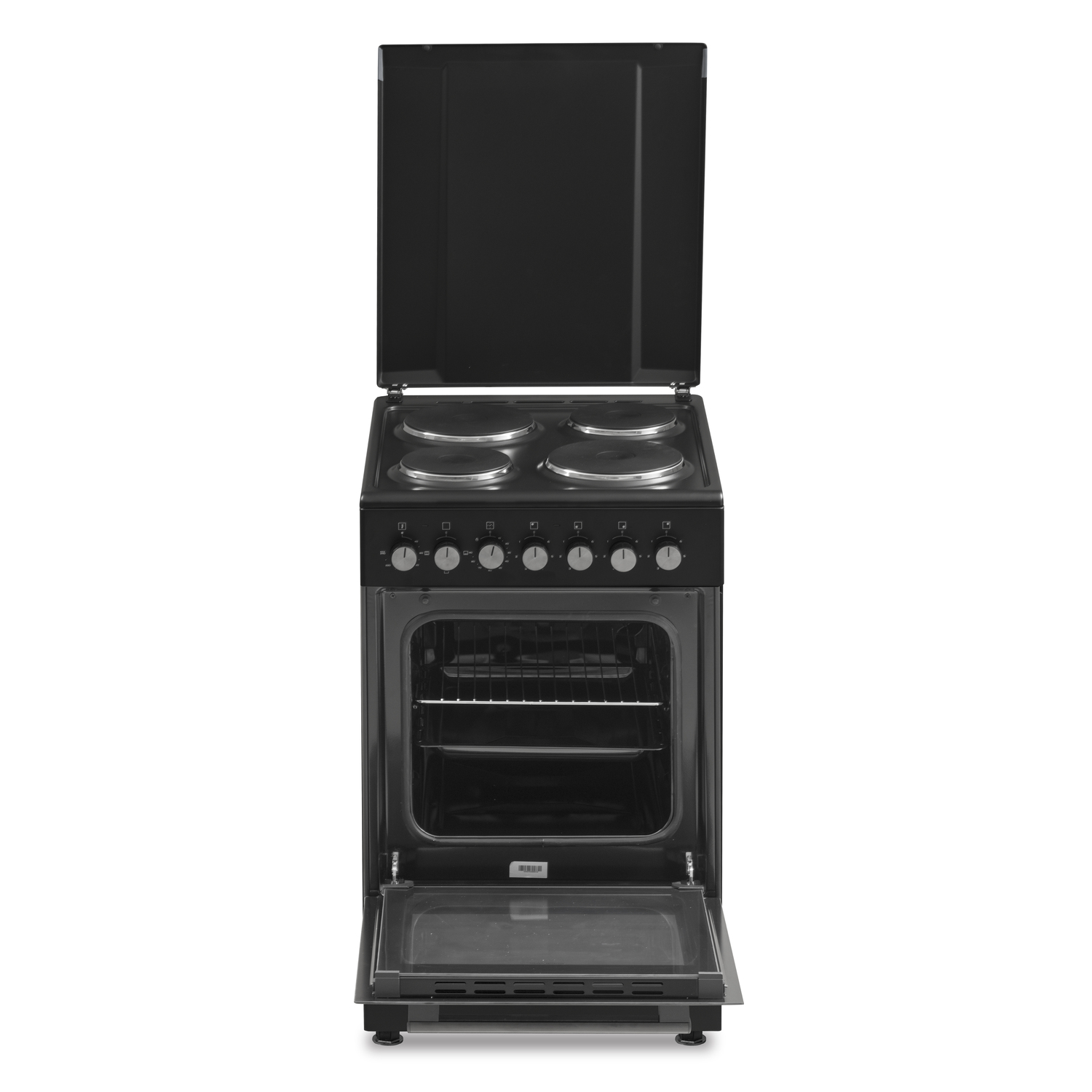 A black oven with four burners on top is open. The oven door and top are open, showing the inside.