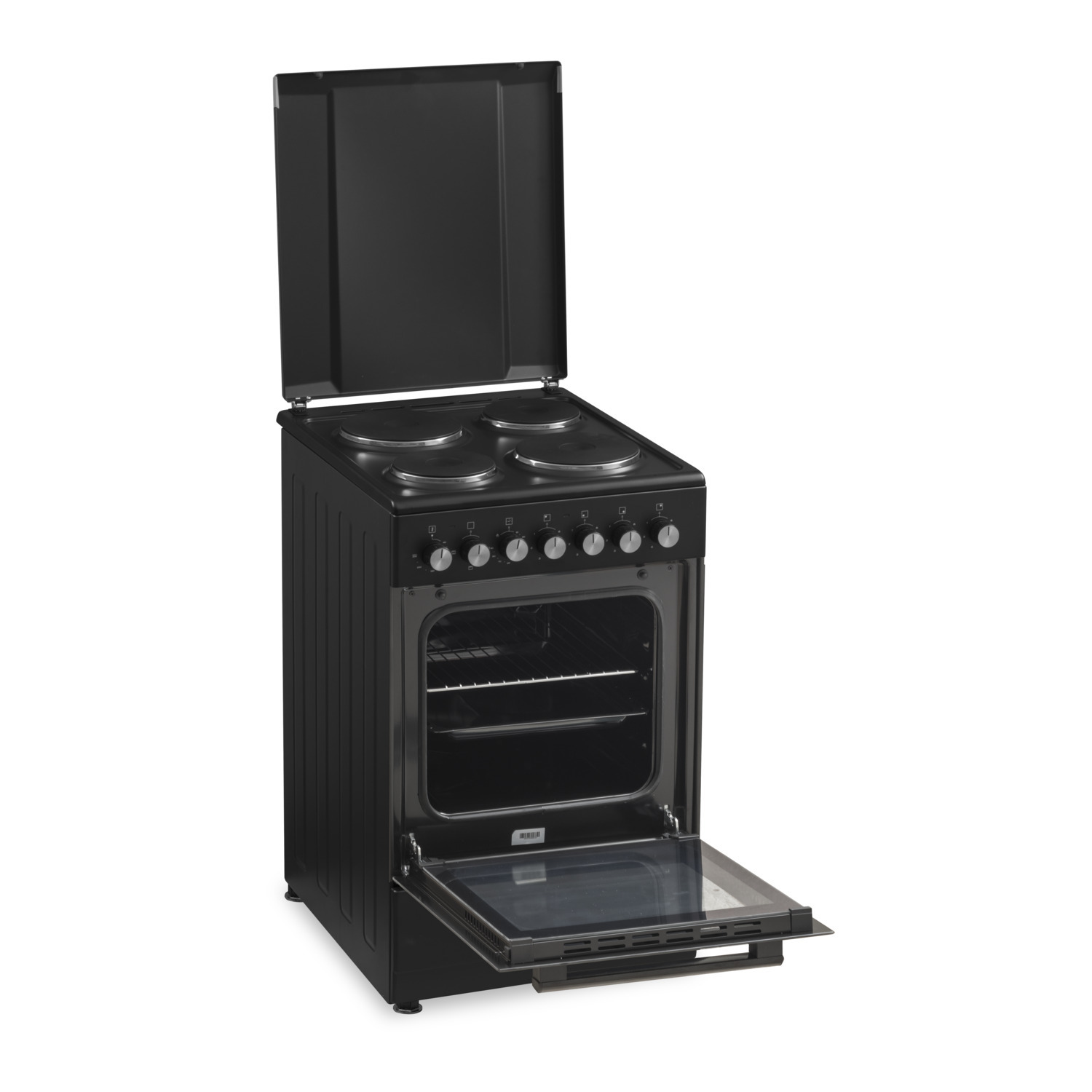 Black freestanding electric cooker with the oven and top lid open.  Four burners are visible.