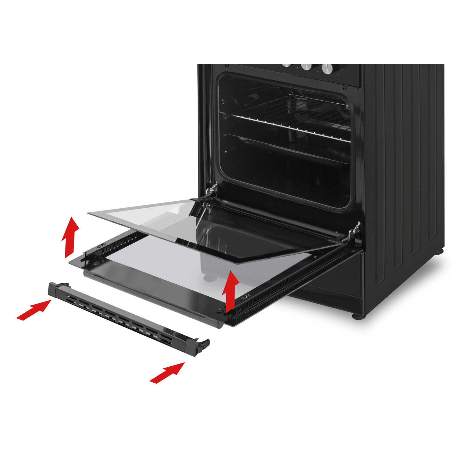An oven with an open door, the glass panel is being removed. Red arrows point to the panel.