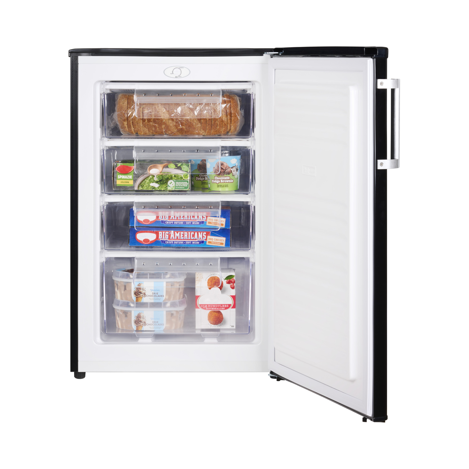 Open freezer with various frozen food items in drawers: bread, vegetables, ice cream.