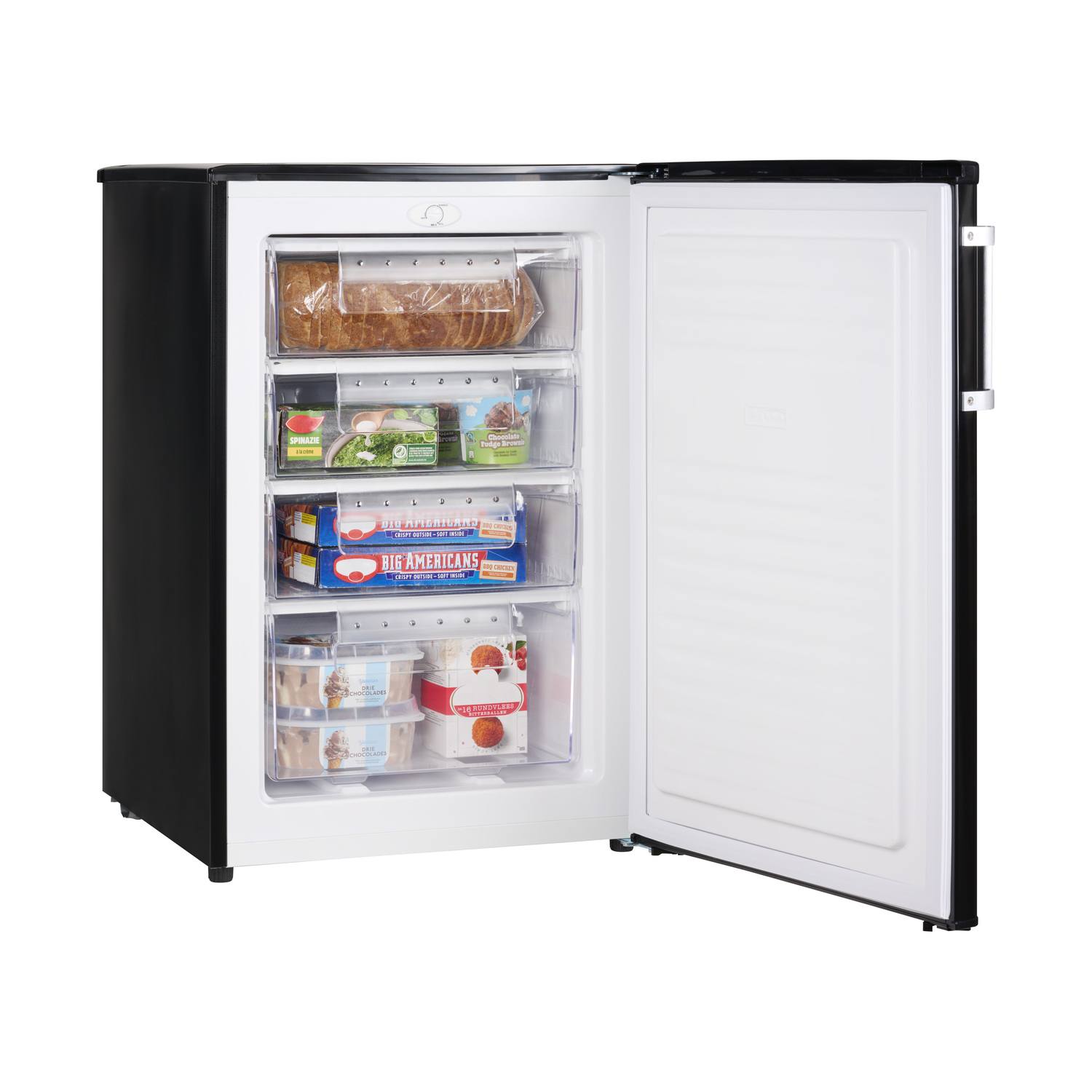 Black freezer with open door, revealing drawers of frozen food items. White interior.