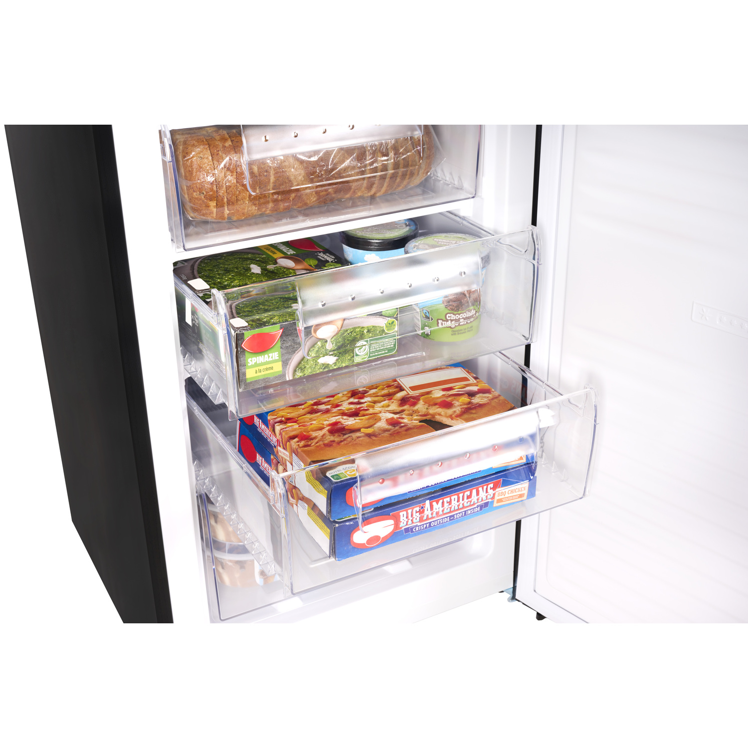 Refrigerator interior with frozen food. Open door, black side.