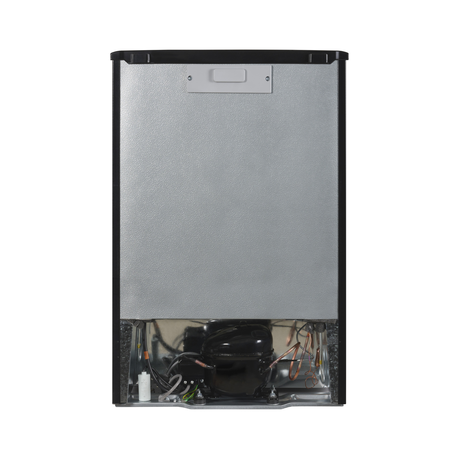 Back of a refrigerator showing the compressor and components.