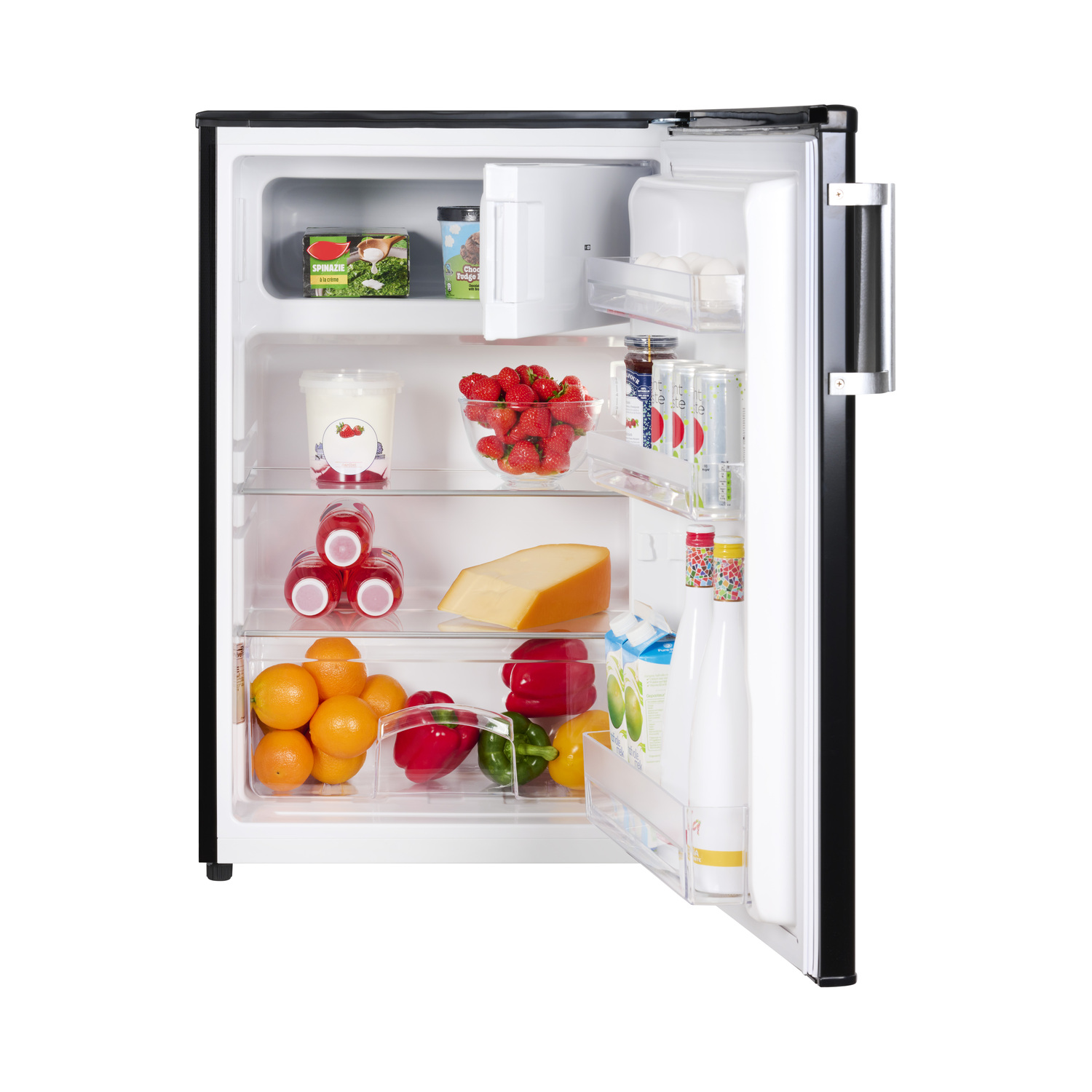 A small refrigerator with its door open, filled with food items like fruits and drinks.