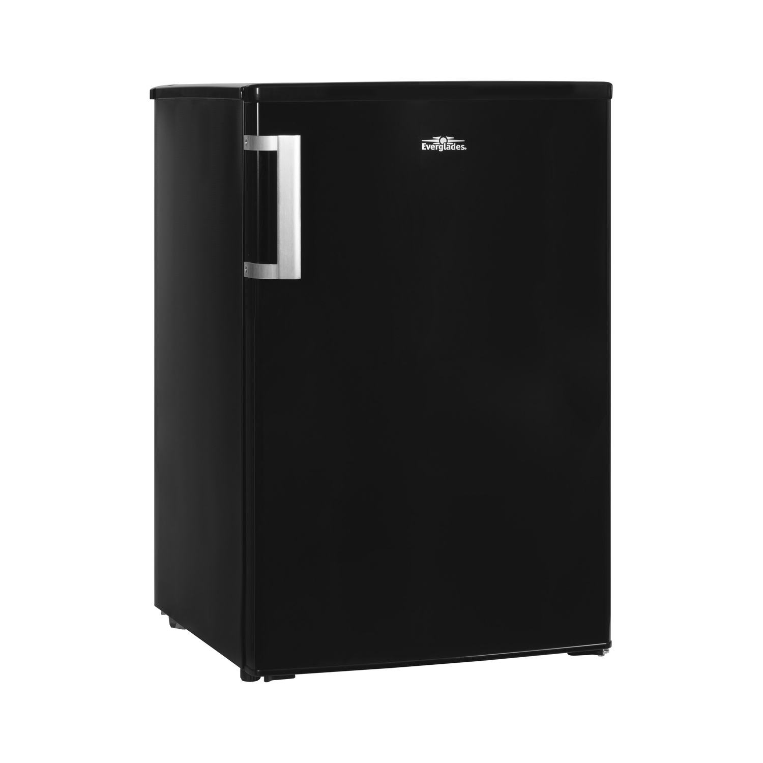Black compact refrigerator with a silver handle and the Everglades logo on the door.