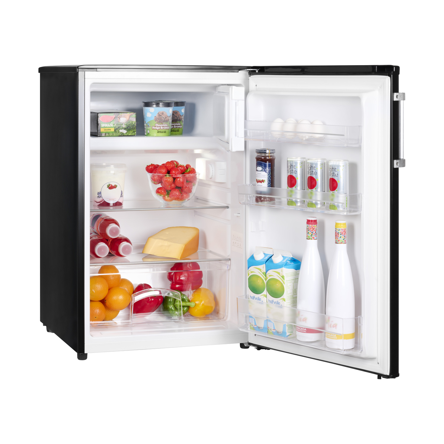 Black refrigerator with open door revealing food items on shelves.