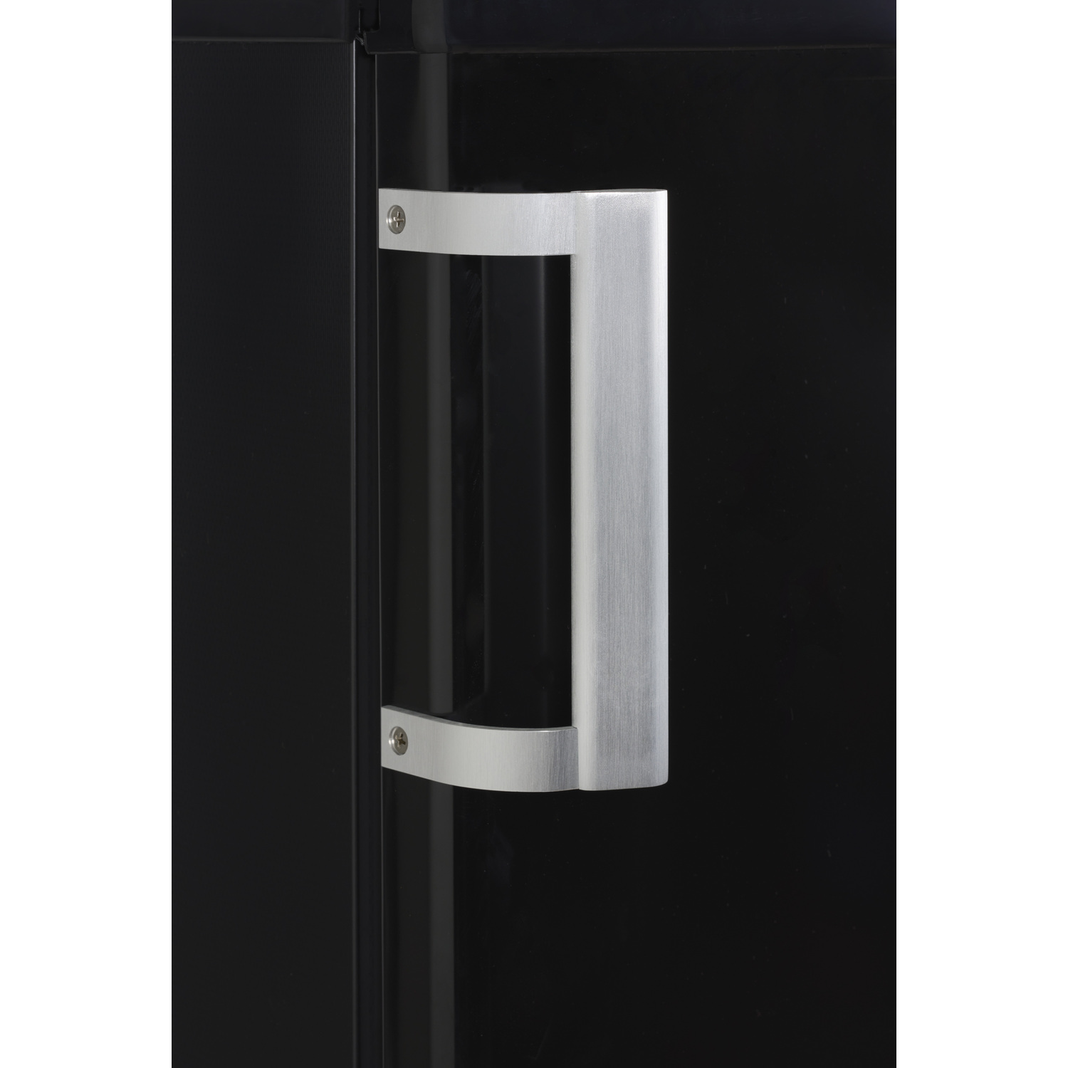 Close up of a black fridge door with a silver handle.